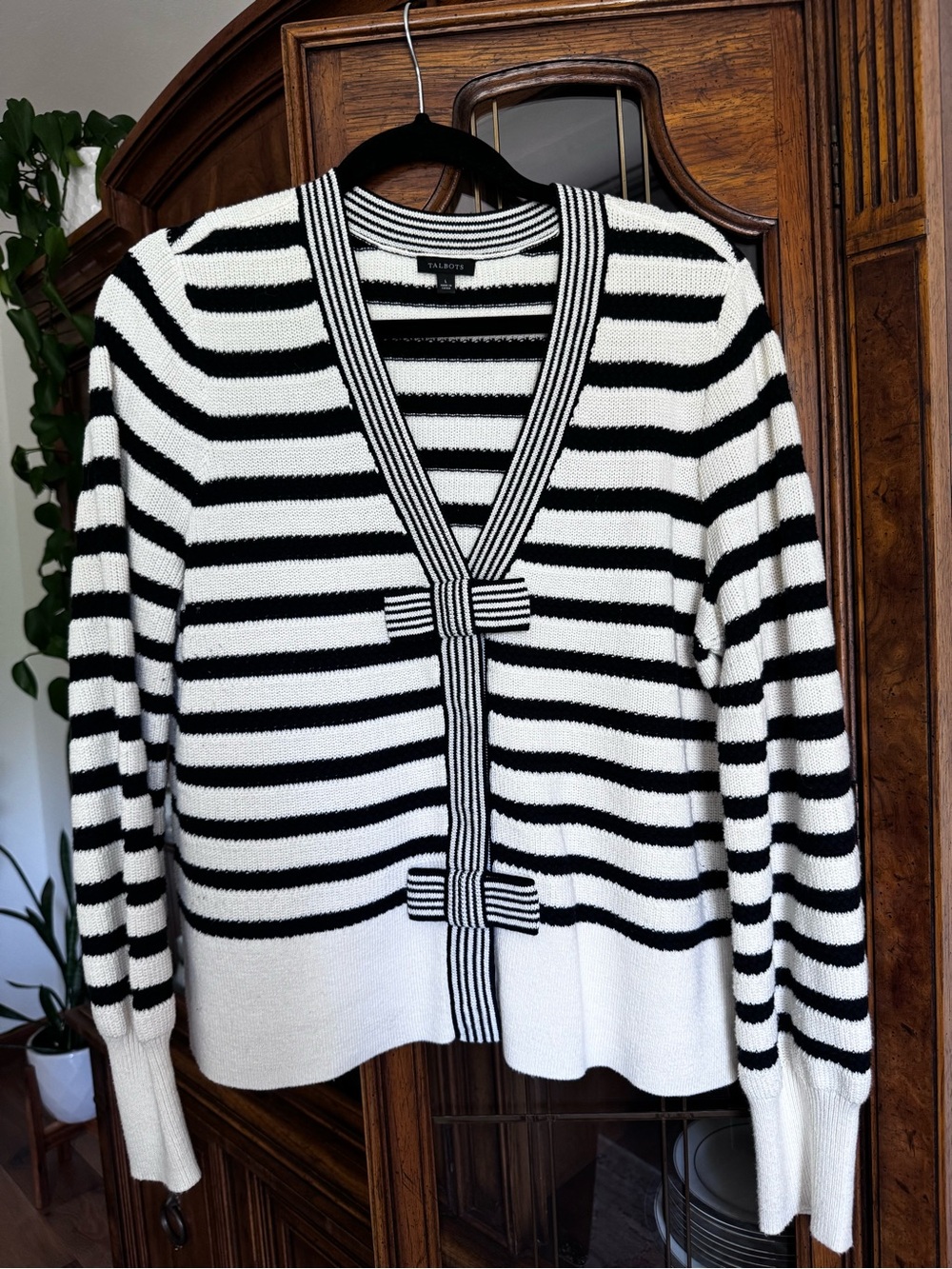 Talbots Black and White Striped V-Neck Cardigan with Bow Trim